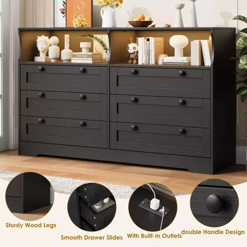 Cómoda de madera, cajonera de 6 cajones de 55 pulgadas de ancho, perfecta para organizar el dormitorio, la sala de estar, el armario y el pasillo