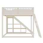 Cama alta Bellemave con cabecero tapizado y estantes de almacenamiento, estructura de cama alta de madera maciza con escalera y tobogán para niños