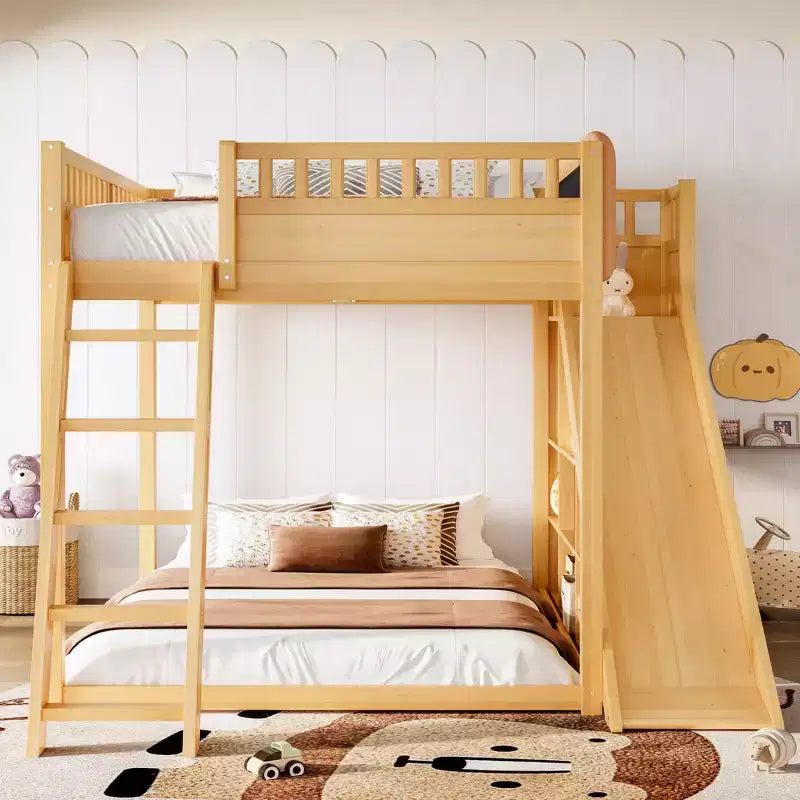 Cama alta Bellemave con cabecero tapizado y estantes de almacenamiento, estructura de cama alta de madera maciza con escalera y tobogán para niños