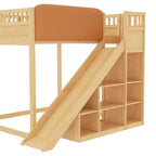 Cama alta Bellemave con cabecero tapizado y estantes de almacenamiento, estructura de cama alta de madera maciza con escalera y tobogán para niños