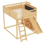 Cama alta Bellemave con cabecero tapizado y estantes de almacenamiento, estructura de cama alta de madera maciza con escalera y tobogán para niños