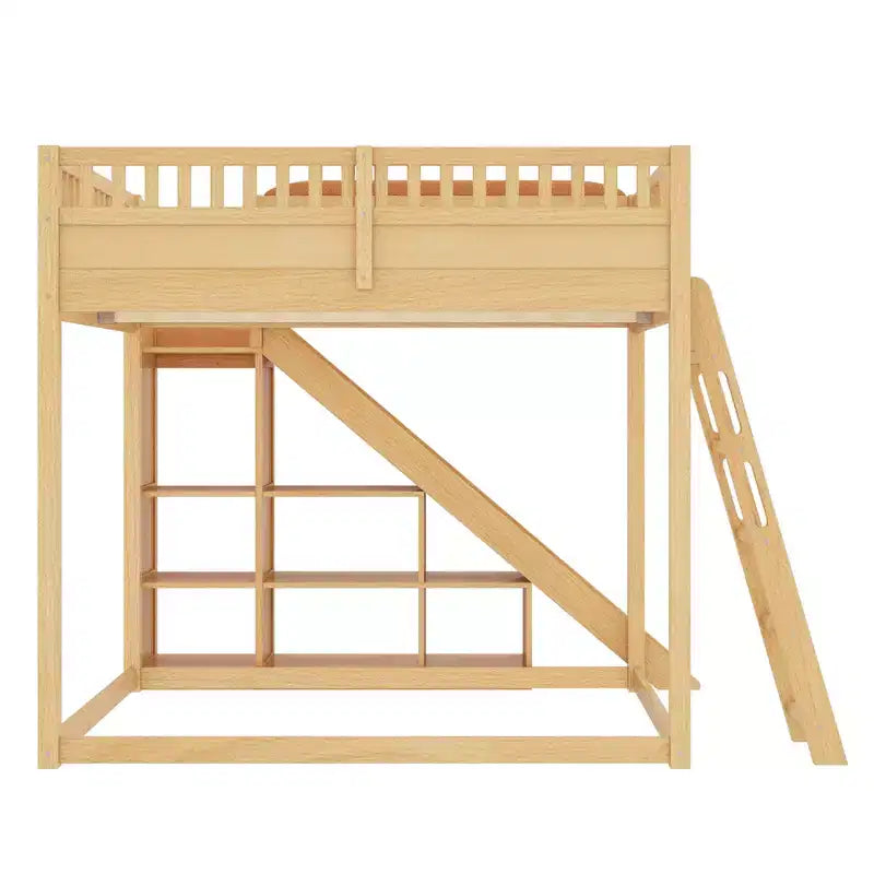 Cama alta Bellemave con cabecero tapizado y estantes de almacenamiento, estructura de cama alta de madera maciza con escalera y tobogán para niños