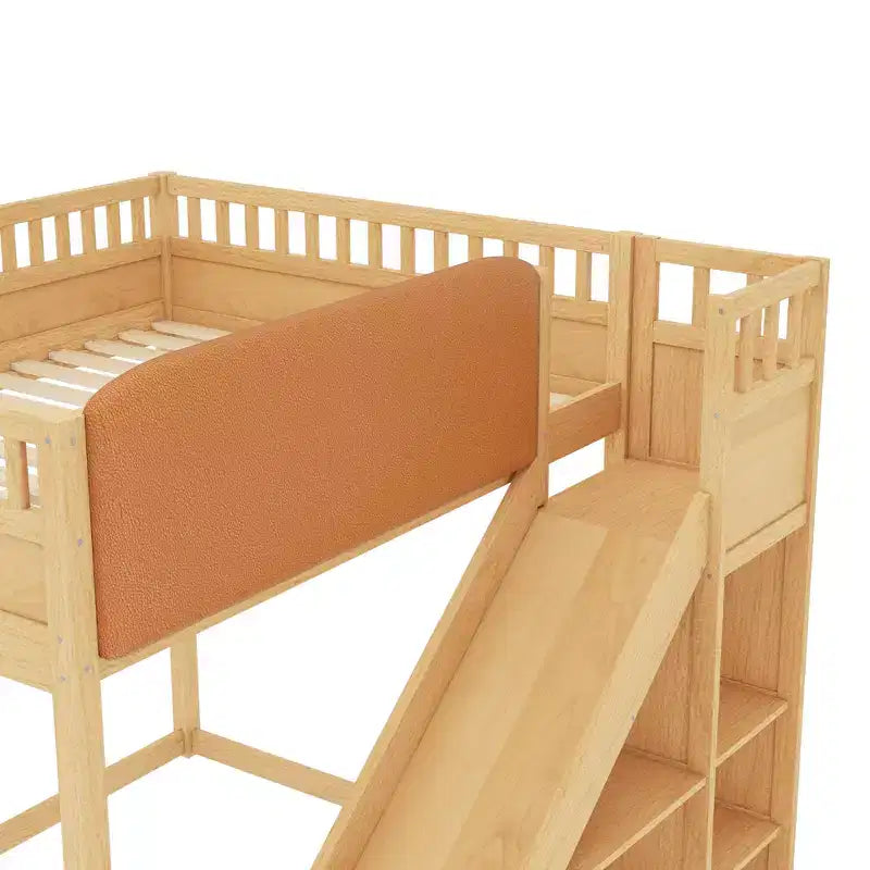 Cama alta Bellemave con cabecero tapizado y estantes de almacenamiento, estructura de cama alta de madera maciza con escalera y tobogán para niños