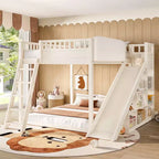 Cama alta Bellemave con cabecero tapizado y estantes de almacenamiento, estructura de cama alta de madera maciza con escalera y tobogán para niños