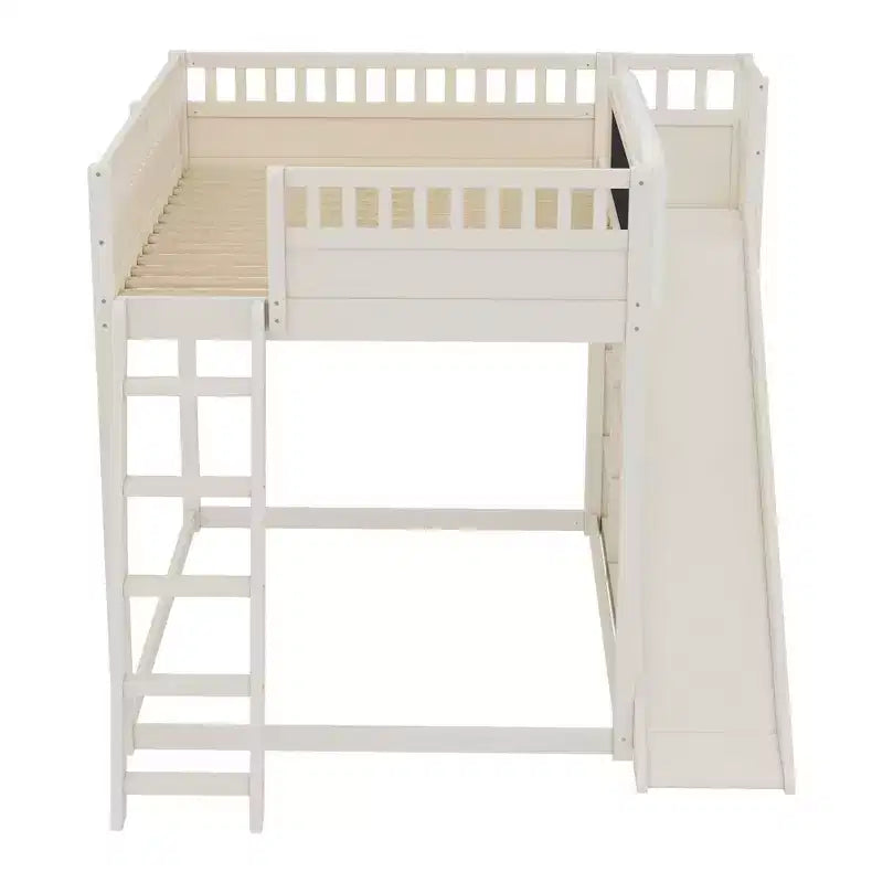 Cama alta Bellemave con cabecero tapizado y estantes de almacenamiento, estructura de cama alta de madera maciza con escalera y tobogán para niños