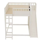 Cama alta Bellemave con cabecero tapizado y estantes de almacenamiento, estructura de cama alta de madera maciza con escalera y tobogán para niños