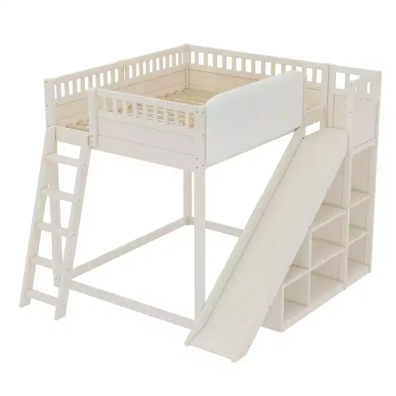 Cama alta Bellemave con cabecero tapizado y estantes de almacenamiento, estructura de cama alta de madera maciza con escalera y tobogán para niños