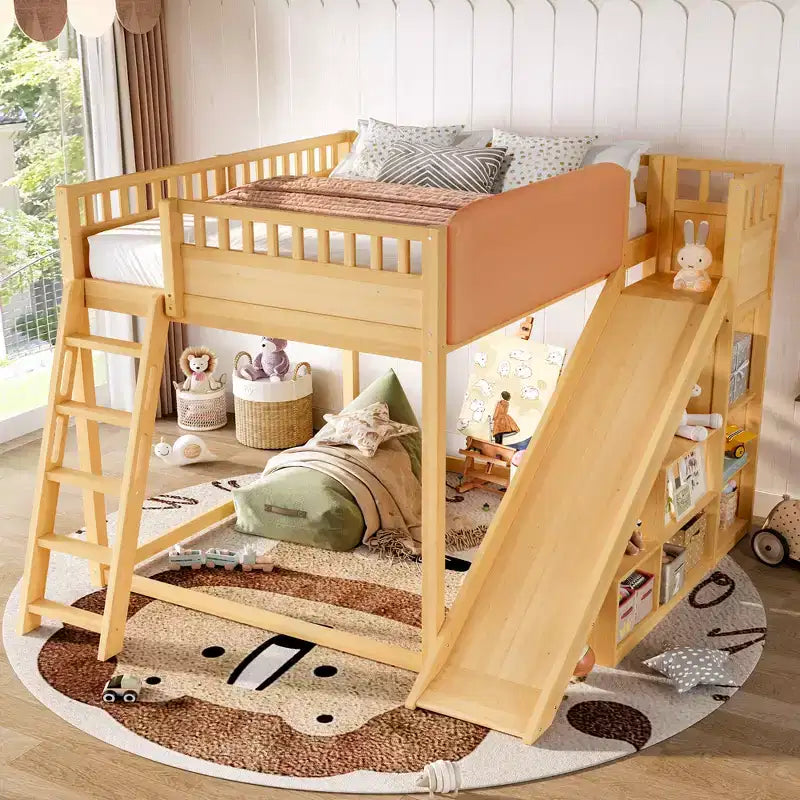 Cama alta Bellemave con cabecero tapizado y estantes de almacenamiento, estructura de cama alta de madera maciza con escalera y tobogán para niños