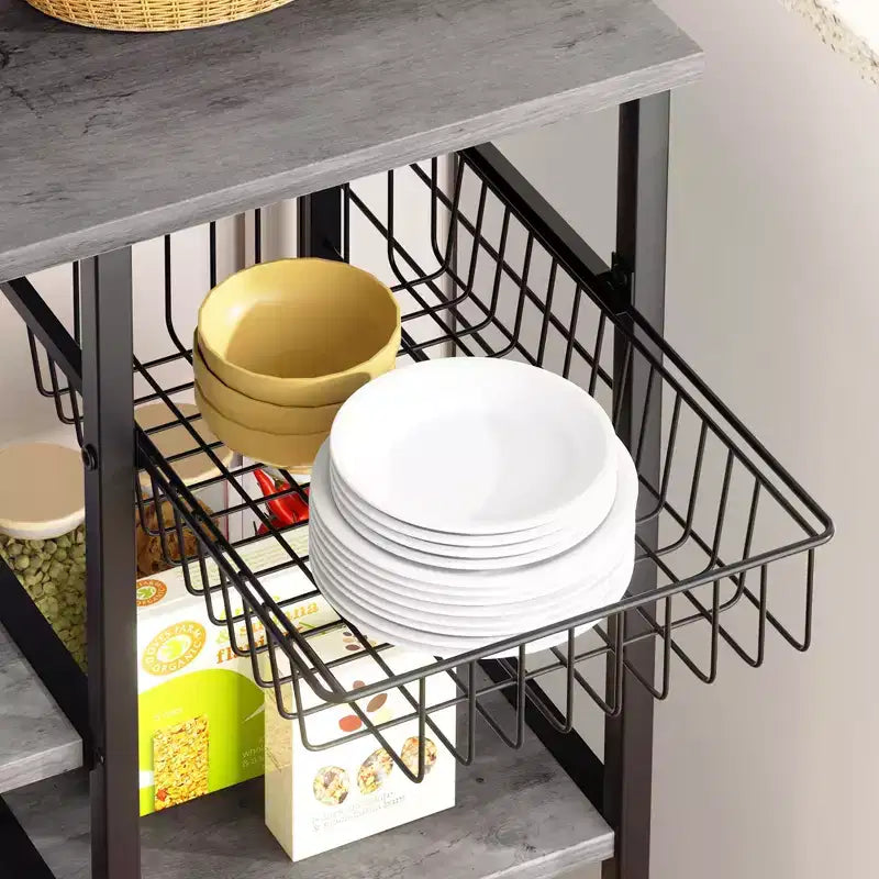 Estantería de panadero Celebalcony con toma de corriente, estantes abiertos de almacenamiento de 34.7 pulgadas con cesta de alambre, soporte de microondas de cocina con 6 ganchos en S