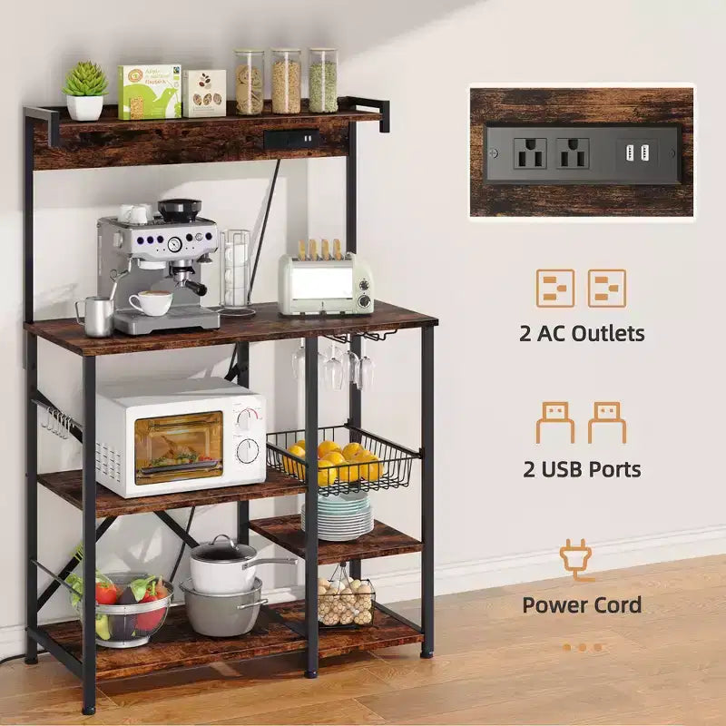 Estantería de panadero Celebalcony con toma de corriente, estantes abiertos de almacenamiento de 34.7 pulgadas con cesta de alambre, soporte de microondas de cocina con 6 ganchos en S