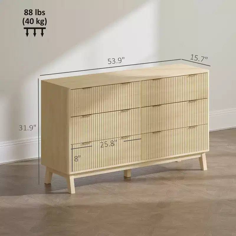 Cómoda doble de 6 cajones para dormitorio, cómoda acanalada con tiradores dorados y 5 patas de madera