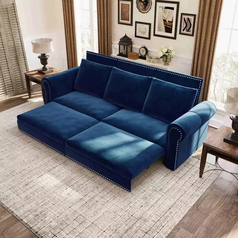 MAYEERTY 93.7 Sofá Cama Extraíble King, Sofá Cama Convertible 3 en 1 de Terciopelo con Tachuelas y Brazos Enrollados Azul