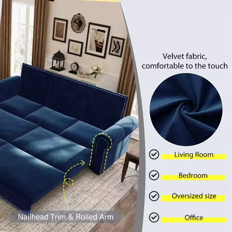 MAYEERTY 93.7 Sofá Cama Extraíble King, Sofá Cama Convertible 3 en 1 de Terciopelo con Tachuelas y Brazos Enrollados Azul
