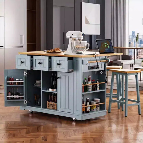 Isla de cocina grande con ruedas de 53 pulgadas con ala abatible y toma de corriente, carrito de cocina con almacenamiento en la puerta, 5 estantes laterales y 5 ruedas, gris azulado