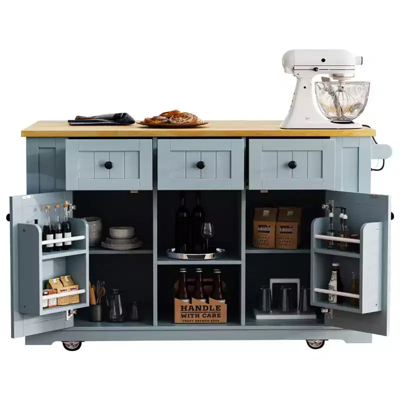 Isla de cocina grande con ruedas de 53 pulgadas con ala abatible y toma de corriente, carrito de cocina con almacenamiento en la puerta, 5 estantes laterales y 5 ruedas, gris azulado