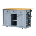 Isla de cocina grande con ruedas de 53 pulgadas con ala abatible y toma de corriente, carrito de cocina con almacenamiento en la puerta, 5 estantes laterales y 5 ruedas, gris azulado