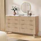 Acekool Cómoda de 9 cajones con tapa de mármol sintético, moderna cómoda estriada, organizador de almacenamiento amplio para dormitorio o sala de estar, roble natural