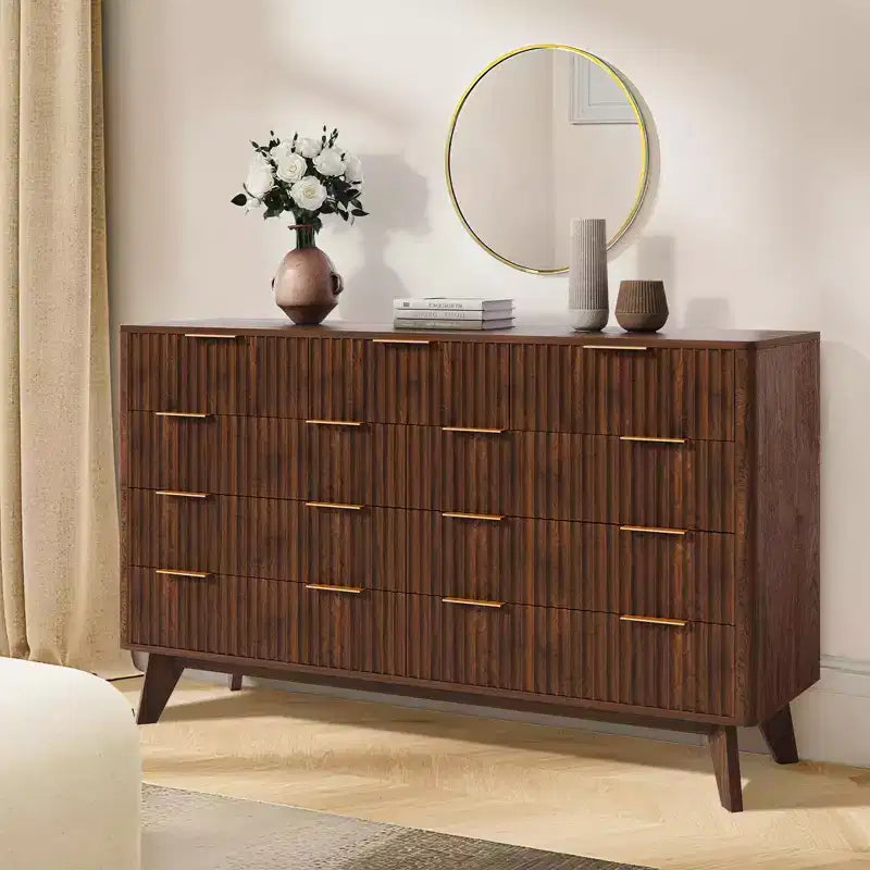 Acekool Cómoda de 9 cajones con tapa de mármol sintético, moderna cómoda estriada, organizador de almacenamiento amplio para dormitorio o sala de estar, roble natural