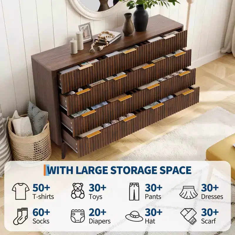 Acekool Cómoda de 9 cajones con tapa de mármol sintético, moderna cómoda estriada, organizador de almacenamiento amplio para dormitorio o sala de estar, roble natural