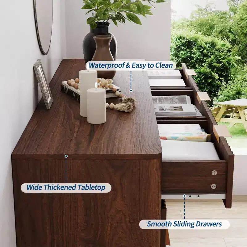 Acekool Cómoda de 9 cajones con tapa de mármol sintético, moderna cómoda estriada, organizador de almacenamiento amplio para dormitorio o sala de estar, roble natural