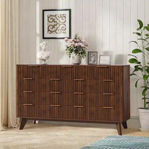 Acekool 9 Drawer Dresser with Faux Marble Top, Modern Fluted Chest, Wide Storage Organizer for Bedroom or Living Room, Natural Oak