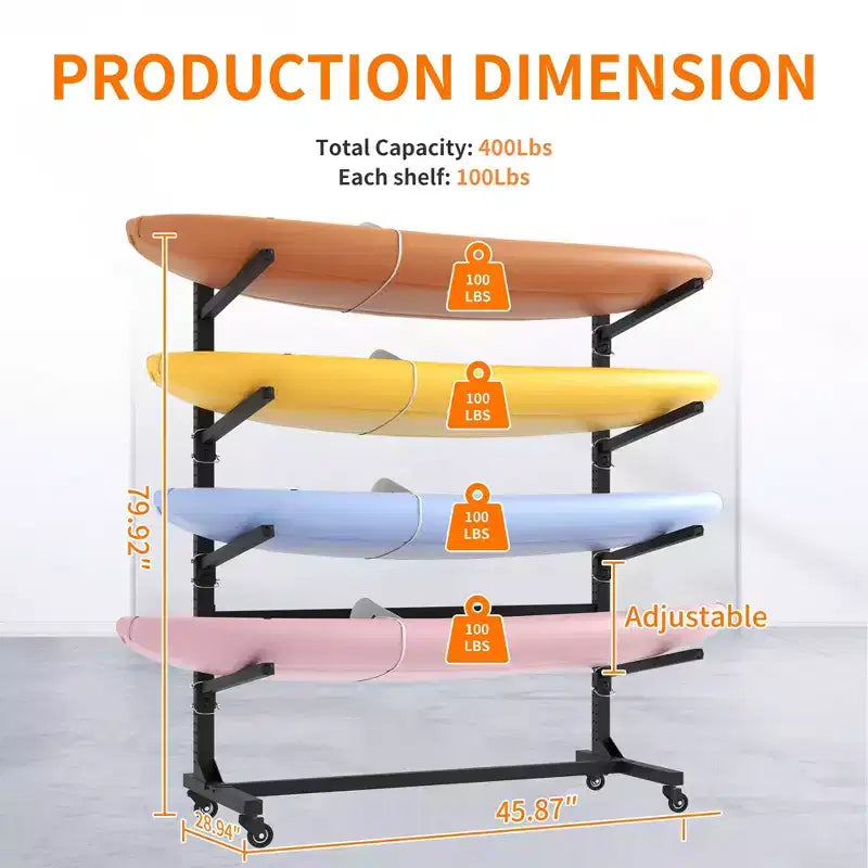 VIYET 80H Estante organizador para kayak independiente, soporte ajustable de alta resistencia con ruedas bloqueables, capacidad para 4 kayaks/canoas/SUP/tablas de surf (negro)