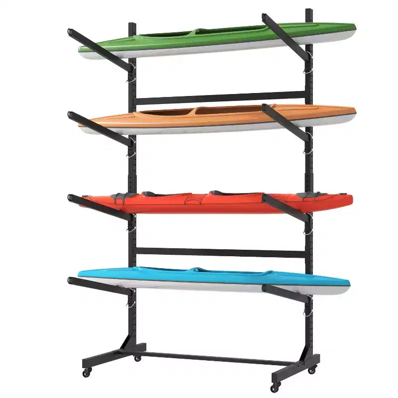 VIYET 80H Estante organizador para kayak independiente, soporte ajustable de alta resistencia con ruedas bloqueables, capacidad para 4 kayaks/canoas/SUP/tablas de surf (negro)