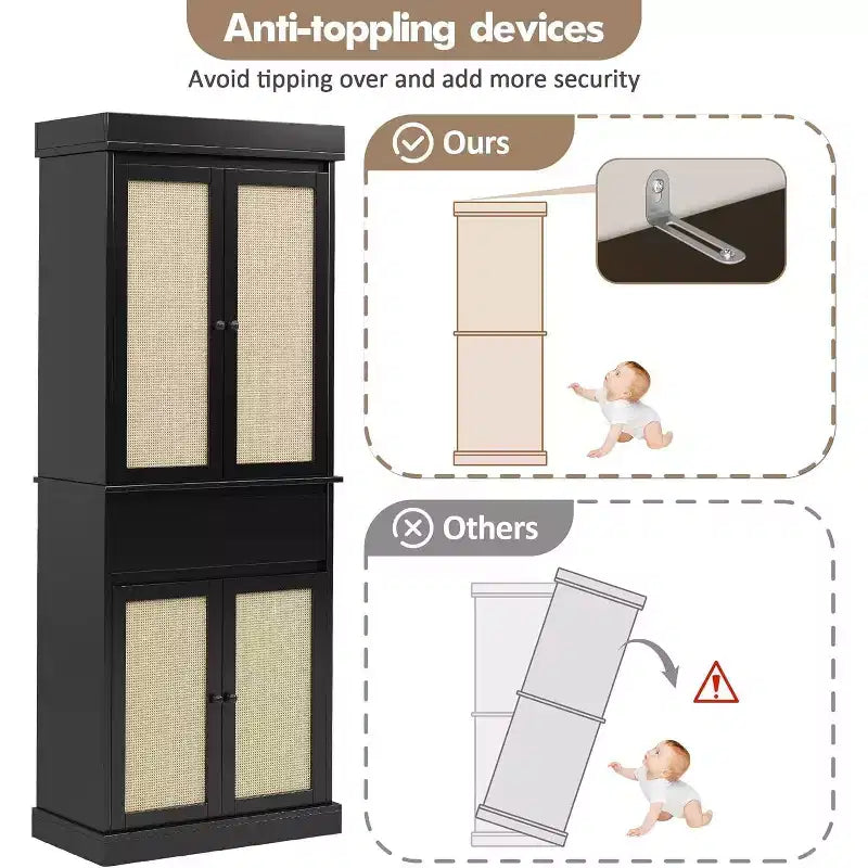 Armario de almacenamiento alto de 175 cm con puertas de ratán y estantes ajustables, aparador independiente de 4 puertas con cajón para sala de estar, oficina en casa, comedor - Negro