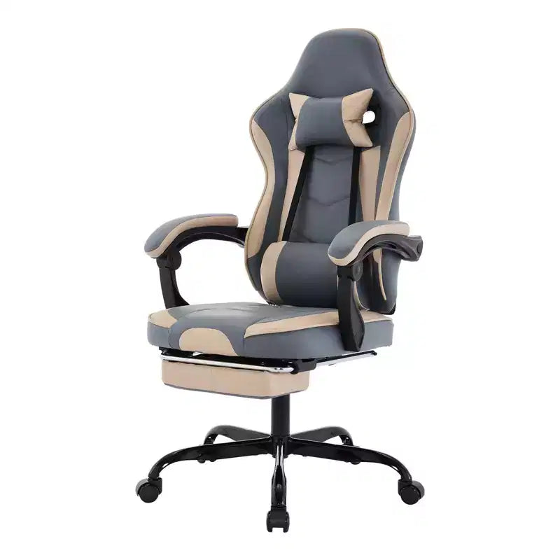 Silla Gamer MAYEERTY, Silla Ergonómica de Ordenador con Reposapiés y Soporte Lumbar de Masaje, Silla de Videojuegos Giratoria Ajustable en Altura Azul Beige