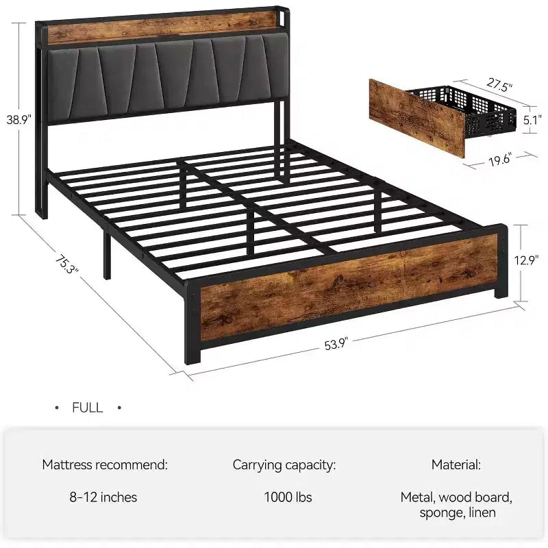Cabecero con almacenamiento y estación de carga, Base de cama de metal con plataforma y 4 cajones de almacenamiento, No necesita somier, Sin ruido, Fácil montaje, Marrón vintage