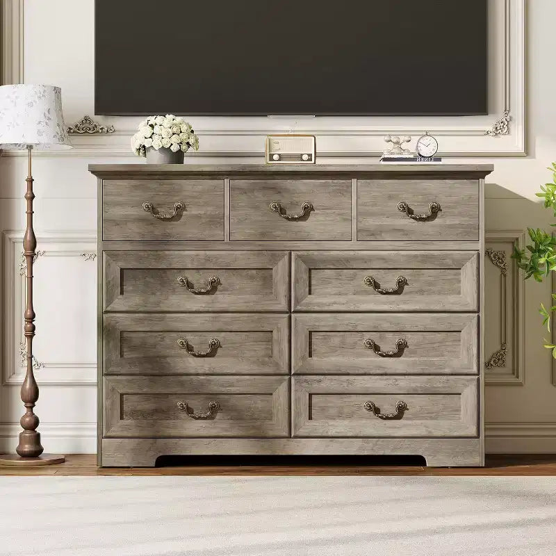 Cómoda para dormitorio con 9 cajones, cómoda vintage de 47 pulgadas de ancho con tiradores de metal y textura natural, cómoda de madera para sala de estar, pasillo
