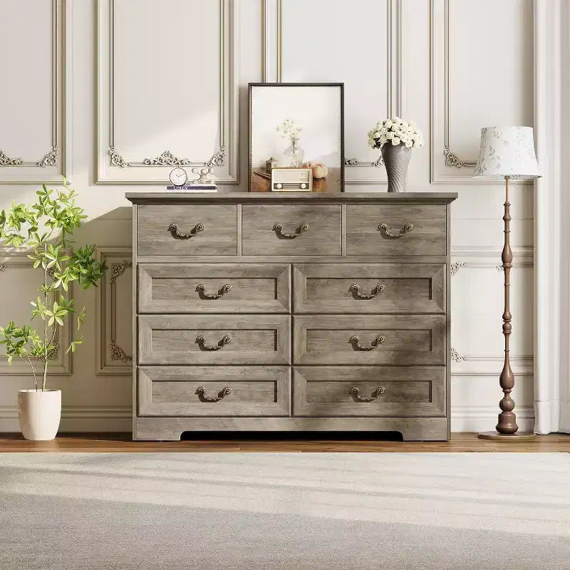 Cómoda para dormitorio con 9 cajones, cómoda vintage de 47 pulgadas de ancho con tiradores de metal y textura natural, cómoda de madera para sala de estar, pasillo