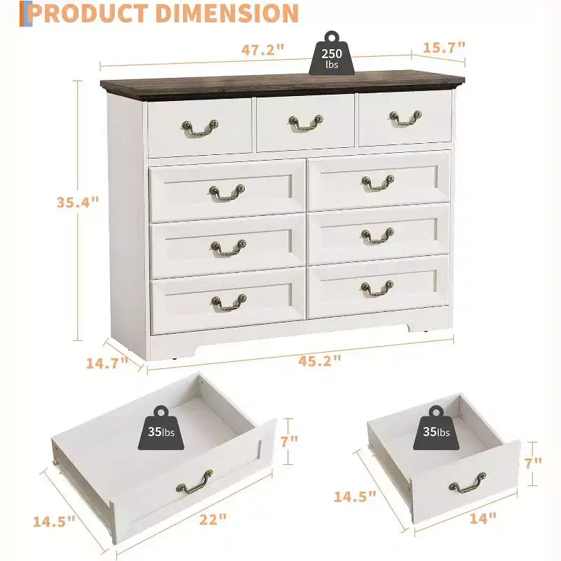 Cómoda para dormitorio con 9 cajones, cómoda vintage de 47 pulgadas de ancho con tiradores de metal y textura natural, cómoda de madera para sala de estar, pasillo