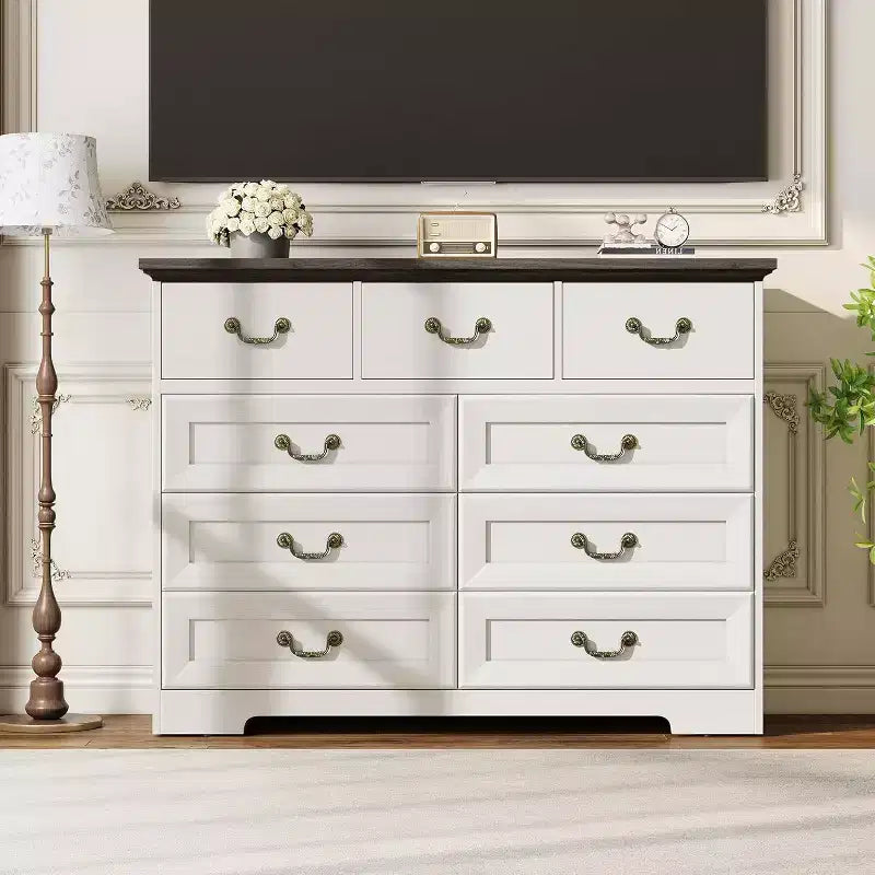 Cómoda para dormitorio con 9 cajones, cómoda vintage de 47 pulgadas de ancho con tiradores de metal y textura natural, cómoda de madera para sala de estar, pasillo