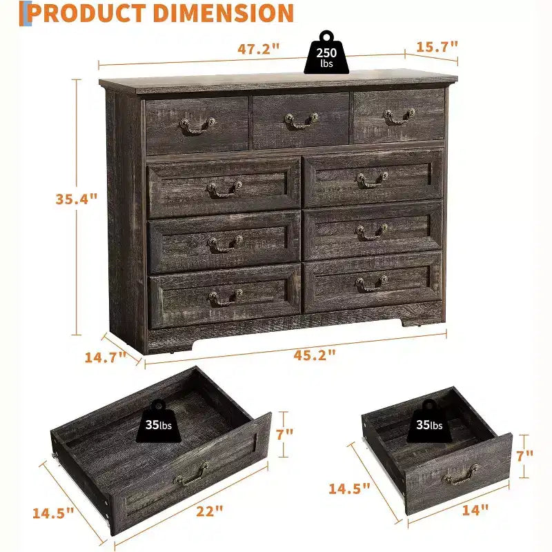 Cómoda para dormitorio con 9 cajones, cómoda vintage de 47 pulgadas de ancho con tiradores de metal y textura natural, cómoda de madera para sala de estar, pasillo