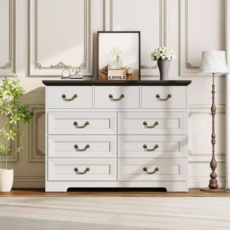 Cómoda para dormitorio con 9 cajones, cómoda vintage de 47 pulgadas de ancho con tiradores de metal y textura natural, cómoda de madera para sala de estar, pasillo