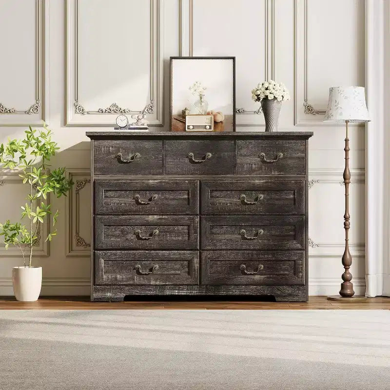 Cómoda para dormitorio con 9 cajones, cómoda vintage de 47 pulgadas de ancho con tiradores de metal y textura natural, cómoda de madera para sala de estar, pasillo