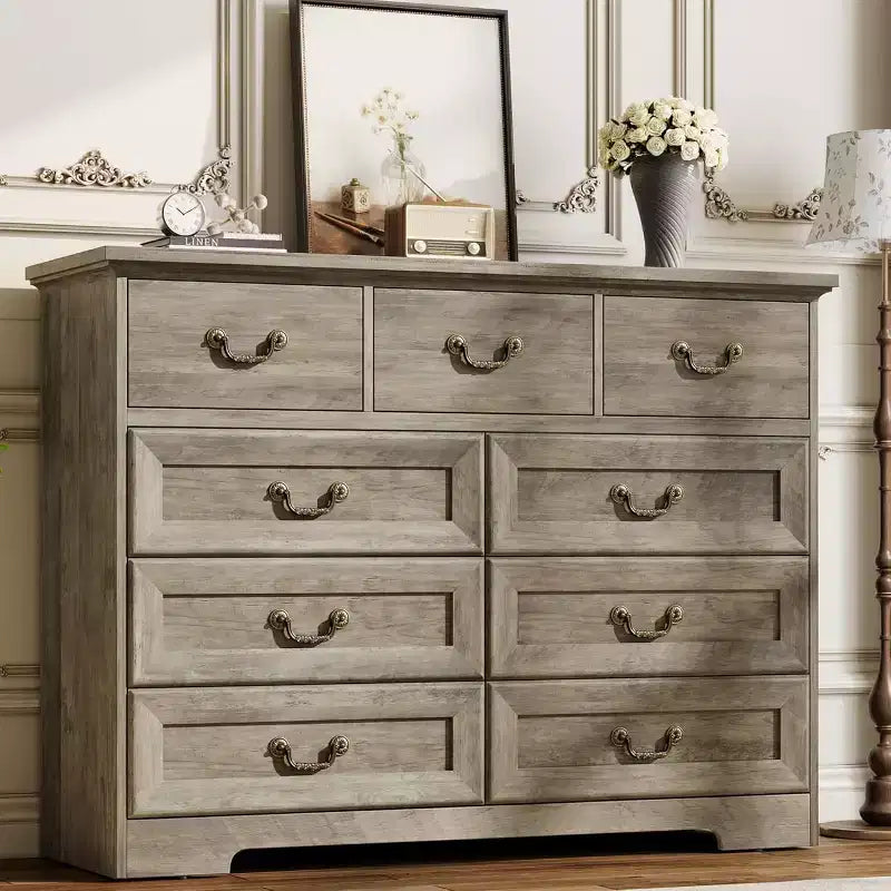 Cómoda para dormitorio con 9 cajones, cómoda vintage de 47 pulgadas de ancho con tiradores de metal y textura natural, cómoda de madera para sala de estar, pasillo