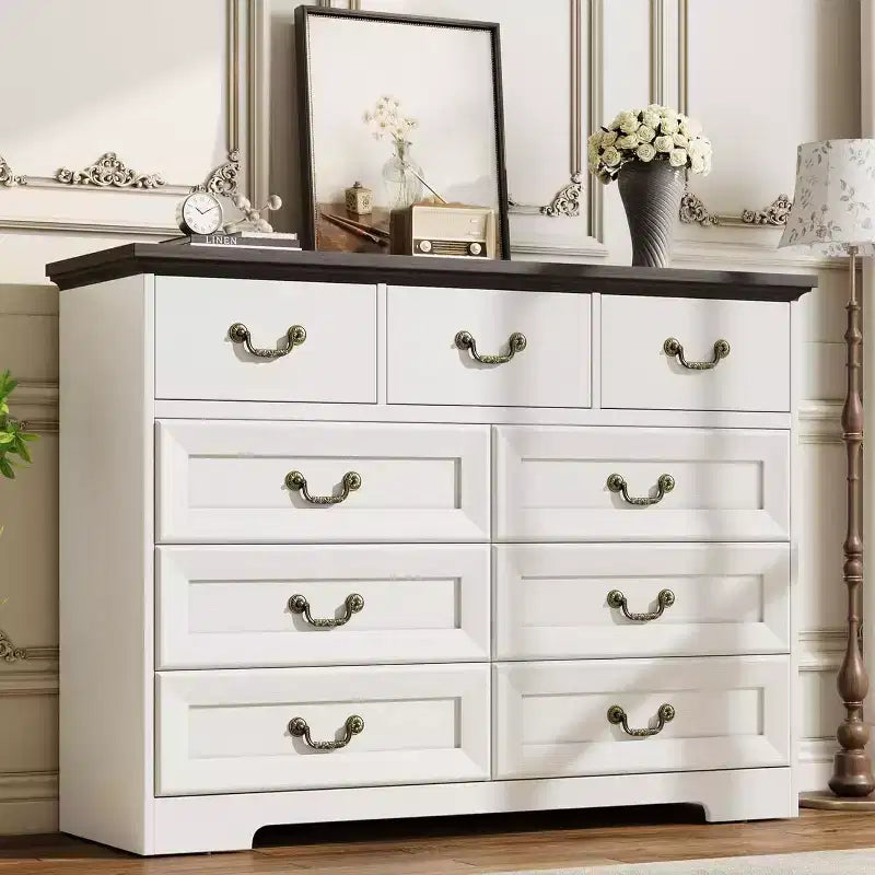 Cómoda para dormitorio con 9 cajones, cómoda vintage de 47 pulgadas de ancho con tiradores de metal y textura natural, cómoda de madera para sala de estar, pasillo
