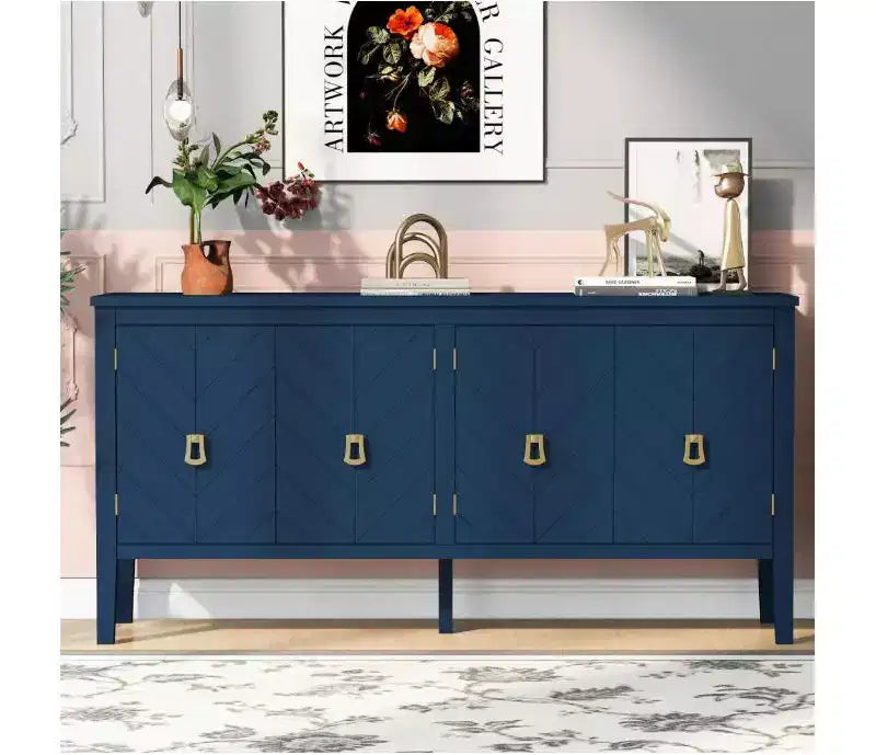 63 aparador buffet de 4 puertas, patrón geométrico, tiradores vintage, mesa consola de almacenamiento, mueble bar para el hogar/oficina
