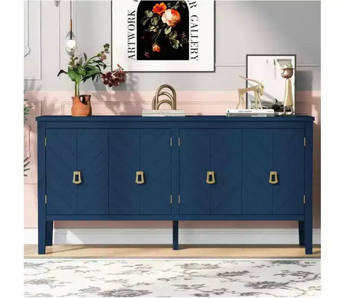 63 aparador buffet de 4 puertas, patrón geométrico, tiradores vintage, mesa consola de almacenamiento, mueble bar para el hogar/oficina
