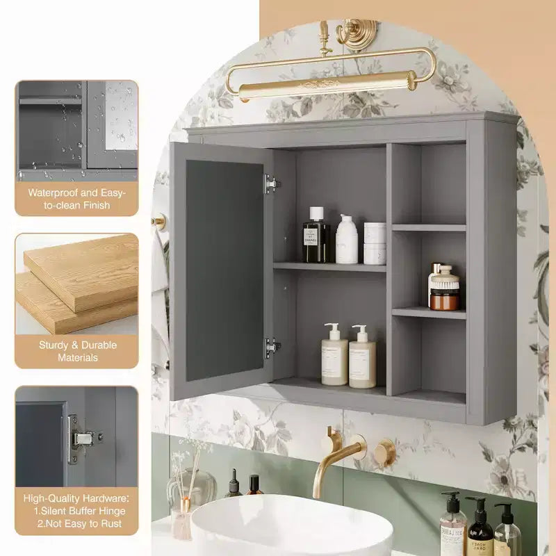 CASAINC 35 x 27.5 Espejo para baño con 6 estantes abiertos, gabinete de medicinas montado en la pared (sin tocador)
