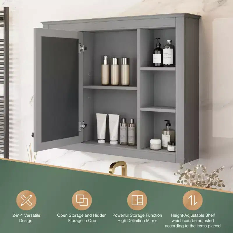 CASAINC 35 x 27.5 Espejo para baño con 6 estantes abiertos, gabinete de medicinas montado en la pared (sin tocador)