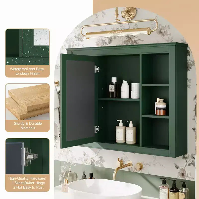 CASAINC 35 x 27.5 Espejo para baño con 6 estantes abiertos, gabinete de medicinas montado en la pared (sin tocador)