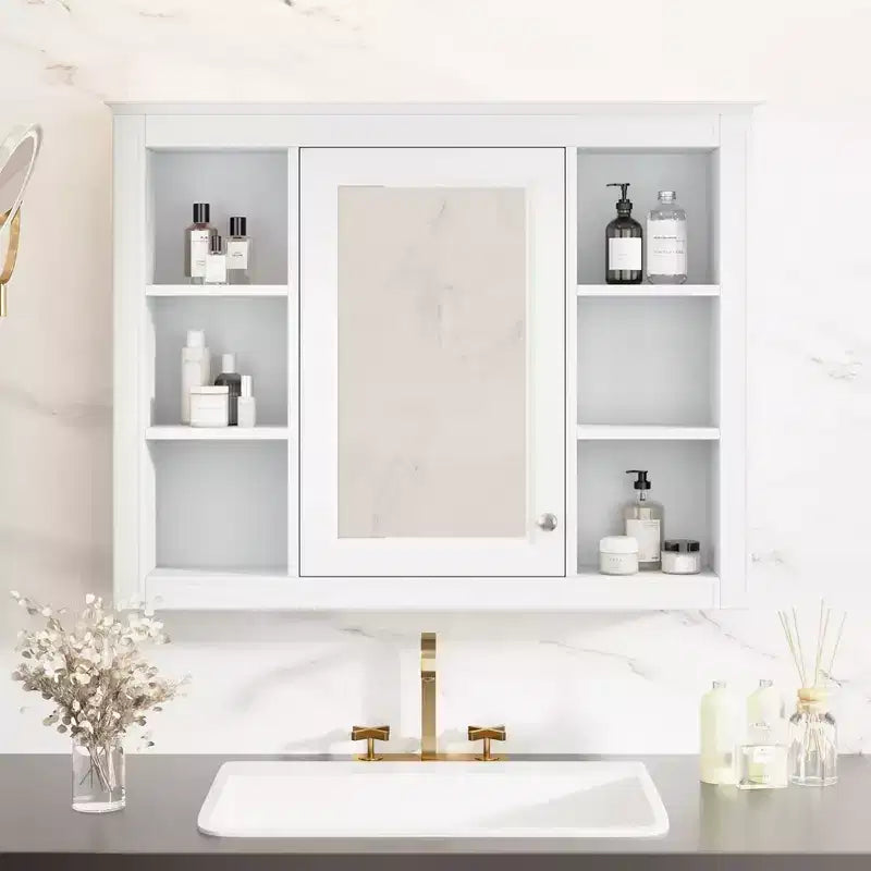 CASAINC 35 x 27.5 Espejo para baño con 6 estantes abiertos, gabinete de medicinas montado en la pared (sin tocador)