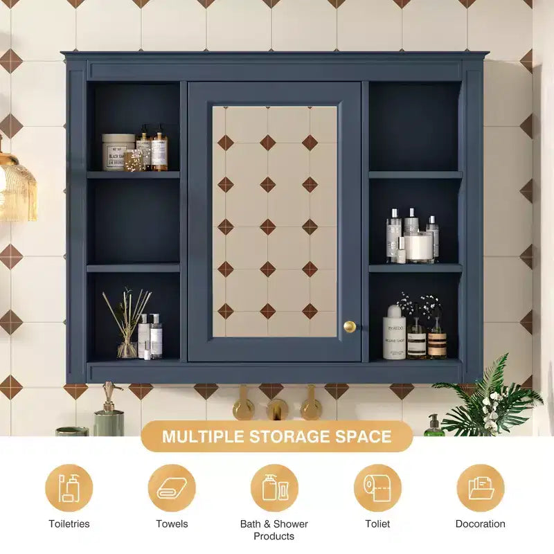 CASAINC 35 x 27.5 Espejo para baño con 6 estantes abiertos, gabinete de medicinas montado en la pared (sin tocador)