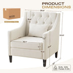 Sillón decorativo tapizado en beige con botones y cojín lumbar