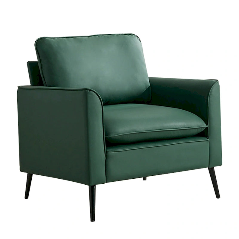 Sillón decorativo tapizado en verde con cojines y almohadas