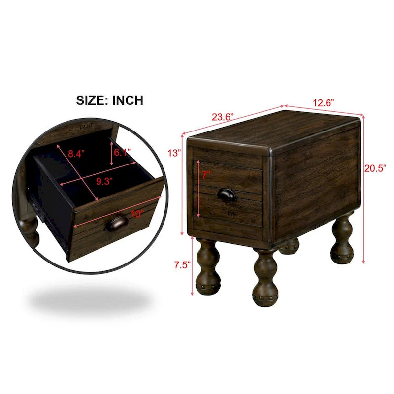 Mesa Auxiliar de Madera Maciza con Cajón, Mesa Auxiliar Estrecha de 23.6 pulgadas para Espacios Pequeños