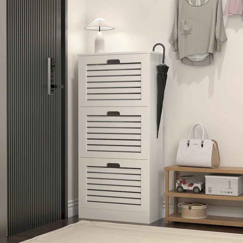 Zapatero de 3 niveles con puerta abatible y estantes ajustables, blanco